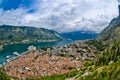 The Kotor bay, old city roofs and port. Adriatic sea beach