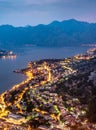 Kotor Bay and Old Town illumiinated at dusk seen from St John`s Fortress and hilltop,Montenegro,Eastern Europe Royalty Free Stock Photo
