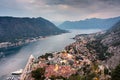 Kotor Bay and Old Town illumiinated at dusk seen from St John`s Fortress and hilltop,Montenegro,Eastern Europe Royalty Free Stock Photo