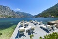 Kotor bay view with sunbeds, Montenegro Royalty Free Stock Photo