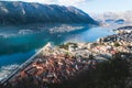Kotor, Montenegro, beautiful top panoramic view of Kotor city old medieval town seen from San Giovanni St. John Fortress, with Royalty Free Stock Photo