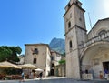 Kotor, Montenegro - June 10. 2019. Clock Tower at St. Tryphon Cathedral in Old Town