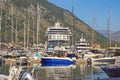 Port in Kotor city. Yachts and cruise ship Viking Neptune. Montenegro, Kotor Bay