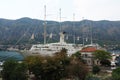 Kotor, Montenegro, 08.11.22: view of Adriatic Sea from historical center of old town. Cruise ship, tourists, cars and