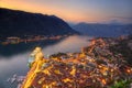 Kotor town and Kotor bay, Adriatic sea, Montenegro - picture from fortress St. John, which located above the Old town- night scene