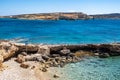 Koufonisia island, Cyclades, Greece. Rocky beach, Aegean Sea sunny day clear blue sky background