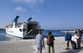 Koufonissi / Greece / June 1 2009: The early morning ferry arrives at the beautiful Greek island of Koufonissi. Royalty Free Stock Photo