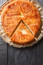 Kouign-amann a sweet Breton cake made with laminated dough closeup on the plate on the table. Vertical top view