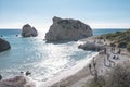 Kouklia, Paphos District - January 29, 2024: People relaxing at the beach near Aphrodite\'s Rock
