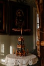 Kourim, Bohemia, Czech Republic, 17 December 2023: Interior of Traditional village house, German Wooden Christmas Pyramid, Hand-