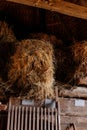 Kourim, Czech Republic, 17 December 2023: Inside rustic wooden old barn hay, Attic of hayloft, Bales dry straw, light beams farm, Royalty Free Stock Photo
