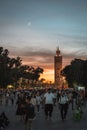 Koutoubia Mosque, Marrakech, Morocco at night with a moon around sunset Royalty Free Stock Photo