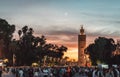 Koutoubia Mosque, Marrakech, Morocco at night with a moon around sunset Royalty Free Stock Photo