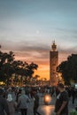 Koutoubia Mosque, Marrakech, Morocco at night with a moon around sunset Royalty Free Stock Photo