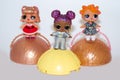 Kouvola, Finland - 25 January 2020: Three beautiful L.O.L. surprise dolls staying on spheres