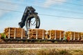 Kouvola, Finland - 24 September 2020: Unloading of timber from railway carriages at paper mill Stora Enso