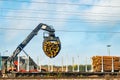 Kouvola, Finland - 24 September 2020: Unloading of timber from railway carriages at paper mill Stora Enso Royalty Free Stock Photo