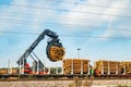 Kouvola, Finland - 24 September 2020: Unloading of timber from railway carriages at paper mill Stora Enso