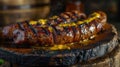 kovbasa (Ukrainian sausage), sizzling with grill marks, adorned with a splash of mustard, rustic tavern setting Royalty Free Stock Photo