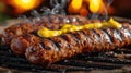 kovbasa (Ukrainian sausage), sizzling with grill marks, adorned with a splash of mustard, rustic tavern setting Royalty Free Stock Photo