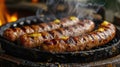 kovbasa (Ukrainian sausage), sizzling with grill marks, adorned with a splash of mustard, rustic tavern setting Royalty Free Stock Photo