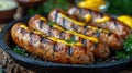 kovbasa (Ukrainian sausage), sizzling with grill marks, adorned with a splash of mustard, rustic tavern setting Royalty Free Stock Photo