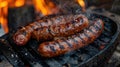 kovbasa (Ukrainian sausage), sizzling with grill marks, adorned with a splash of mustard, rustic tavern setting Royalty Free Stock Photo