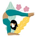 KOVID-19 prevention. Beautiful athletic girl in a mask does yoga at home