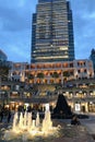 Kowloon, Hong Kong - May 2019: Fountain in front of 1881 Heritage buildings in Kowloon, Hong Kong