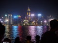 Large groups of people gather at the pier of Kownloon to admire the spectacle A Symphony Royalty Free Stock Photo