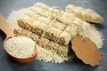 Kozinaki sesame with raw sesame seeds and blank tag for text Royalty Free Stock Photo