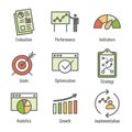 KPI - Key Performance Indicators Icon set with Evaluation, Growth, & Strategy, etc