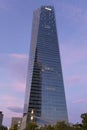 KPMG finantial skyscraper building in blue pink sunset at madrid finantial center