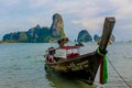 Krabi Ao Nang, Railay beach longtail boats on sand in Thailand