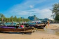 Krabi Ao Nang, Railay beach longtail boats on sand in Thailand Royalty Free Stock Photo