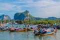 Krabi Ao Nang, Railay beach longtail boats on sand in Thailand Royalty Free Stock Photo