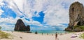 Krabi, Phranang Beach, Thailand - February 12, 2019: Full panorama of PhraNang Cave Beach and Thaiwand Wall. Sandy beach with