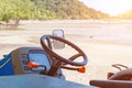 Krabi Province, Thailand - May 12, 2019: The steering wheel and dashboard of the tractor