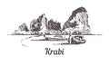 Krabi skyline sketch. Krabi, Thailand hand drawn illustration