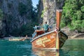 Krabi, Thailand - April 4, 2023: Long tail boat trip. Panorama amazed nature scenic landscape with boat for traveler