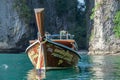 Krabi, Thailand - April 4, 2023: Long tail boat trip. Panorama amazed nature scenic landscape with boat for traveler