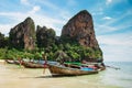 View on a coastline with long tail boats on Railay Beach. Royalty Free Stock Photo