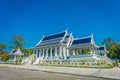 KRABI, THAILAND - FEBRUARY 19, 2018: Beautiful outdoor view of white temple, Wat Kaew Korawaram. This temple is a