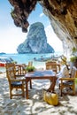 Krabi Thailand January 2020, Restaurant the Grotto on Railay beach with a beautiful backdrop of Ko Rang Nok Island In