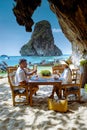 Krabi Thailand January 2020, Restaurant the Grotto on Railay beach with a beautiful backdrop of Ko Rang Nok Island In