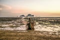 Krabi, Thailand, March 12, 2016: Lonely long tail boat at low ti