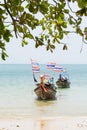 Krabi, Thailand - March 2019: long tail wooden boats with Thai flags moored at Railay beach