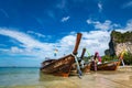 Krabi, Thailand - NOVEMBER 23, 2019: Amazing view of beautiful beach with longtale boats. Location: Railay beach, Krabi, Thailand