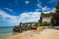 Krabi, Thailand - NOVEMBER 23, 2019: Amazing view of beautiful beach with longtale boats. Location: Railay beach, Krabi, Thailand