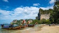 Krabi, Thailand - NOVEMBER 23, 2019: Amazing view of beautiful beach with longtale boats. Location: Railay beach, Krabi, Thailand